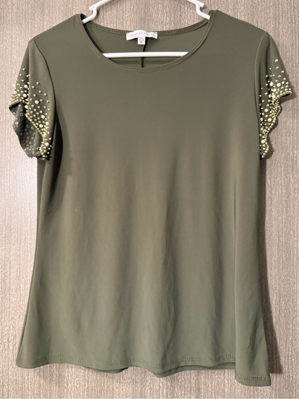 Annalee + Hope Olive Green Short Sleeve Tunic with Beaded Sleeves